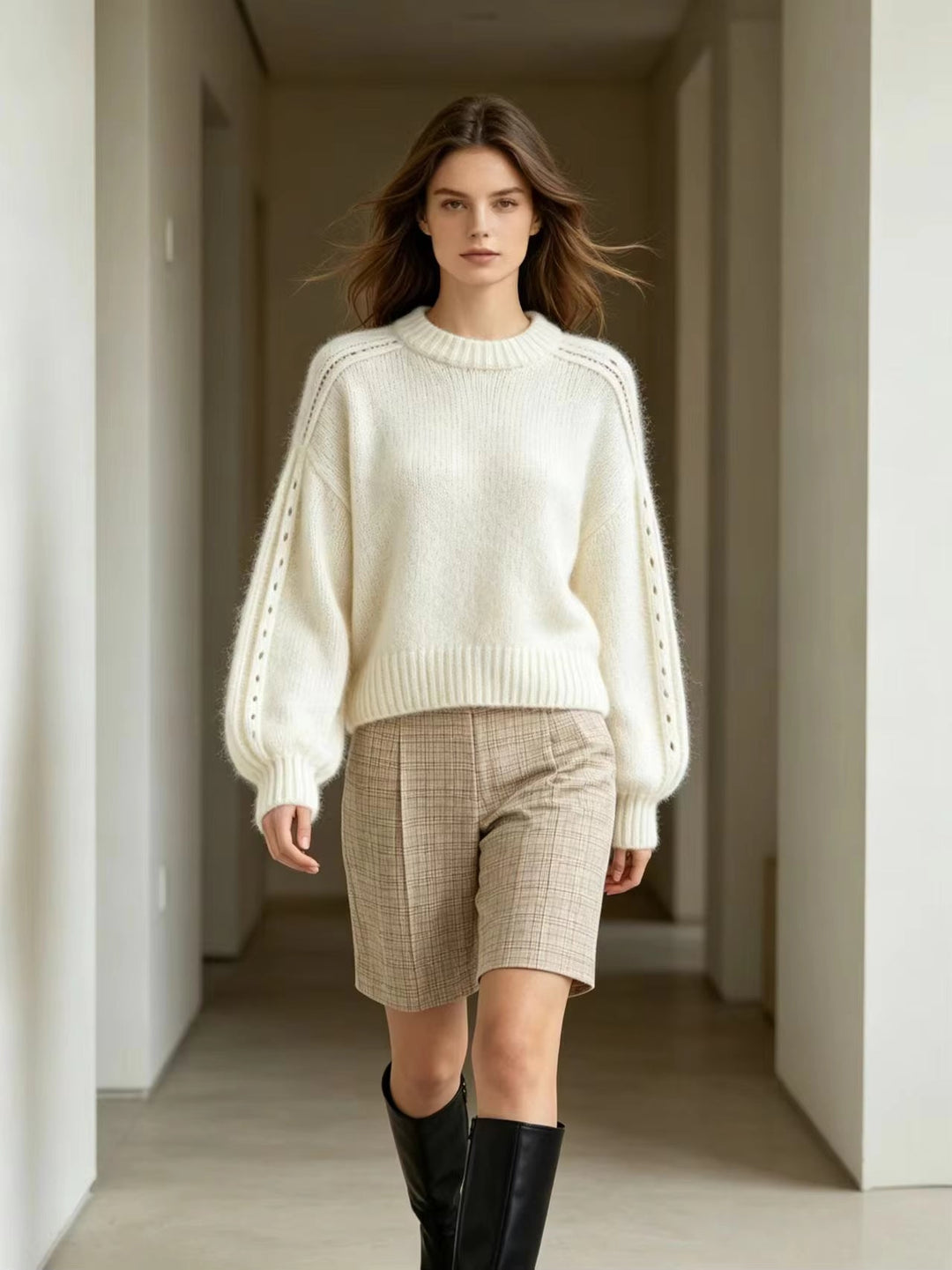Women's Crew Neck Knit Lantern Sleeves Sweater