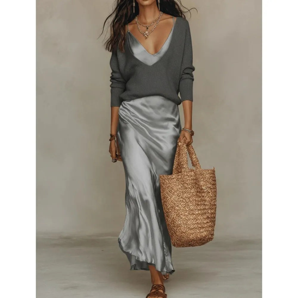 Women's Satin Slip Skirt and Knit Top Set