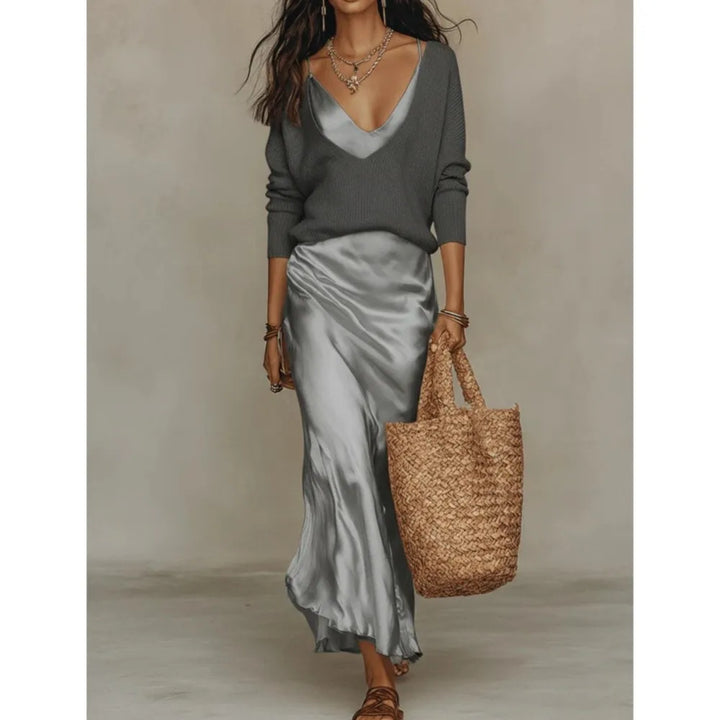 Women's Satin Slip Skirt and Knit Top Set