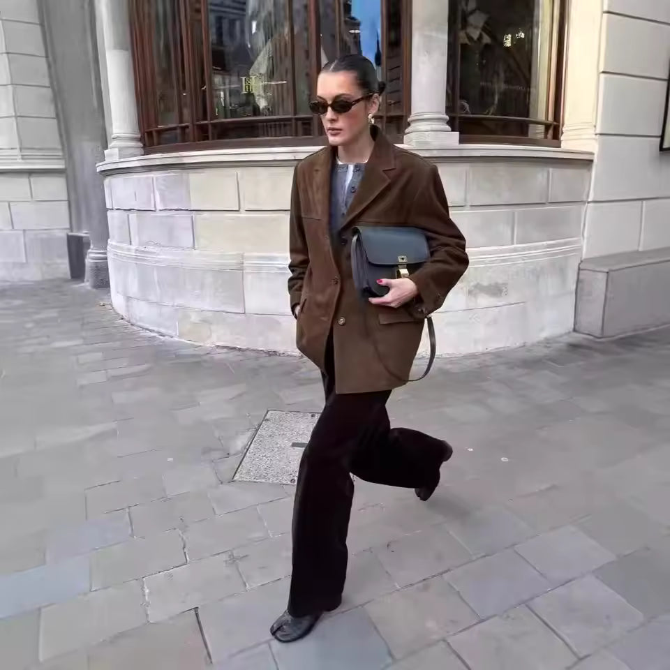 Women's Suede Longline Blazer Jacket with Notched Lapels