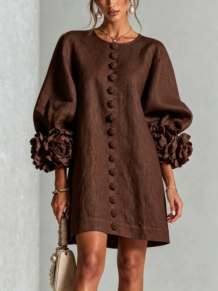 Women's Cotton Linen Mini Dress with Lantern Sleeves