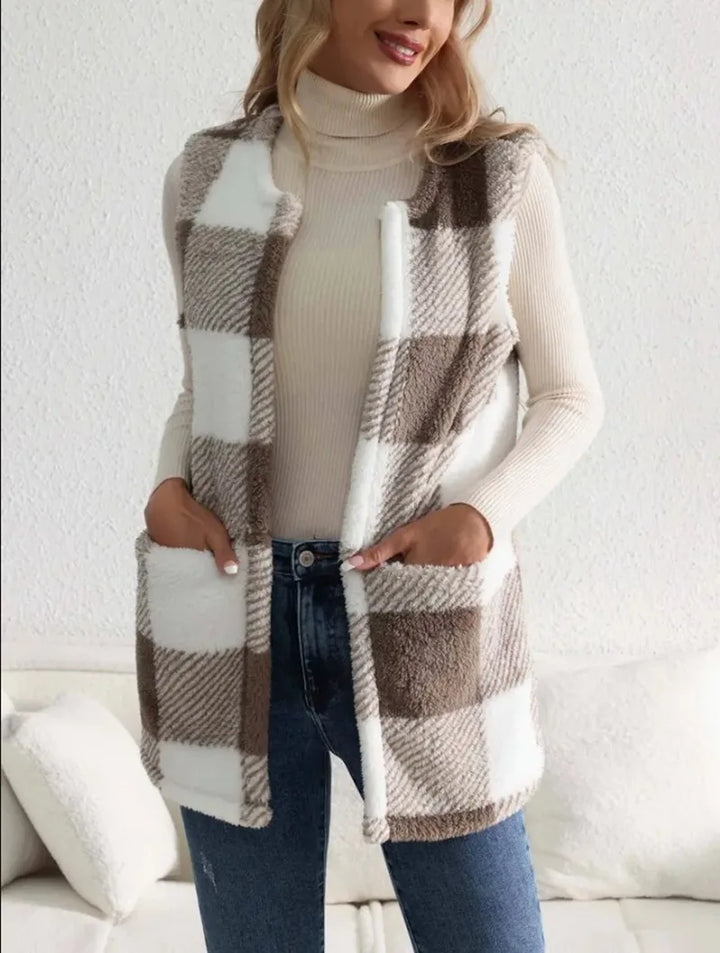 Women's Plush Checked Sleeveless Vest Cardigan