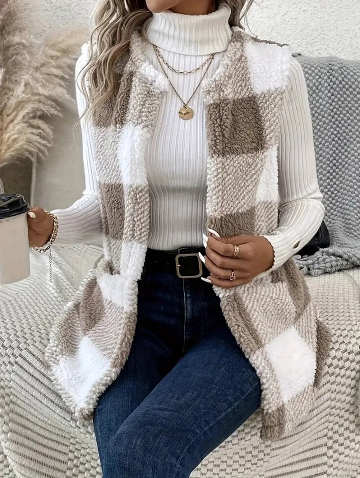 Women's Plush Checked Sleeveless Vest Cardigan