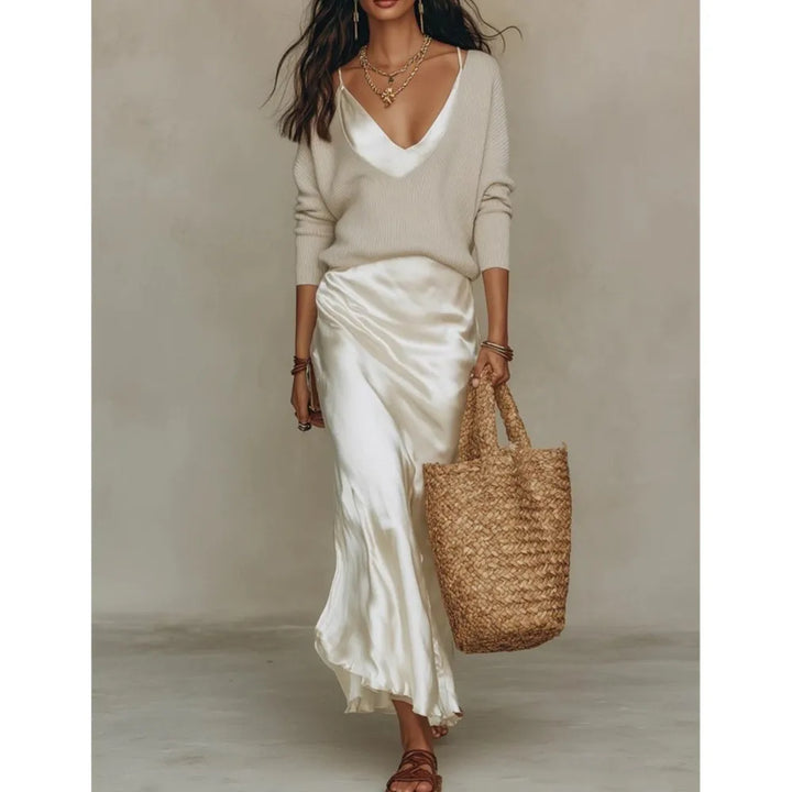 Women's Satin Slip Skirt and Knit Top Set