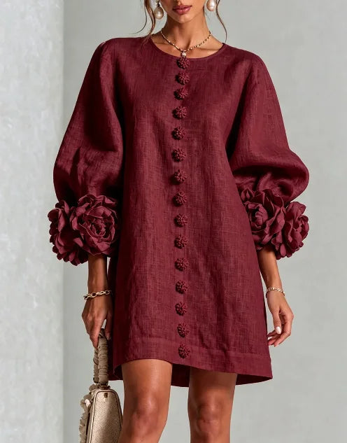 Women's Cotton Linen Mini Dress with Lantern Sleeves