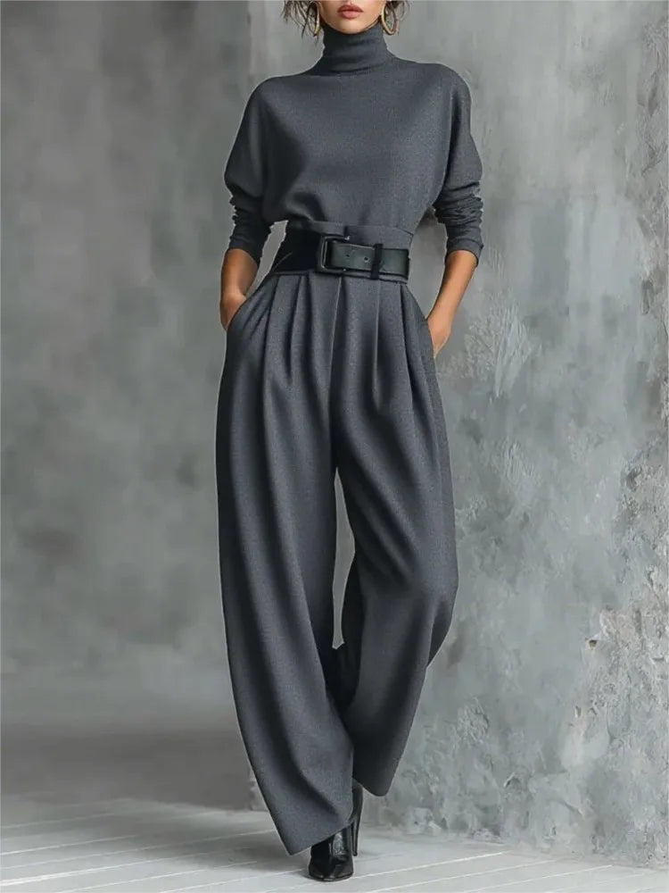 Women's Turtleneck Top and Belted Skirt Set