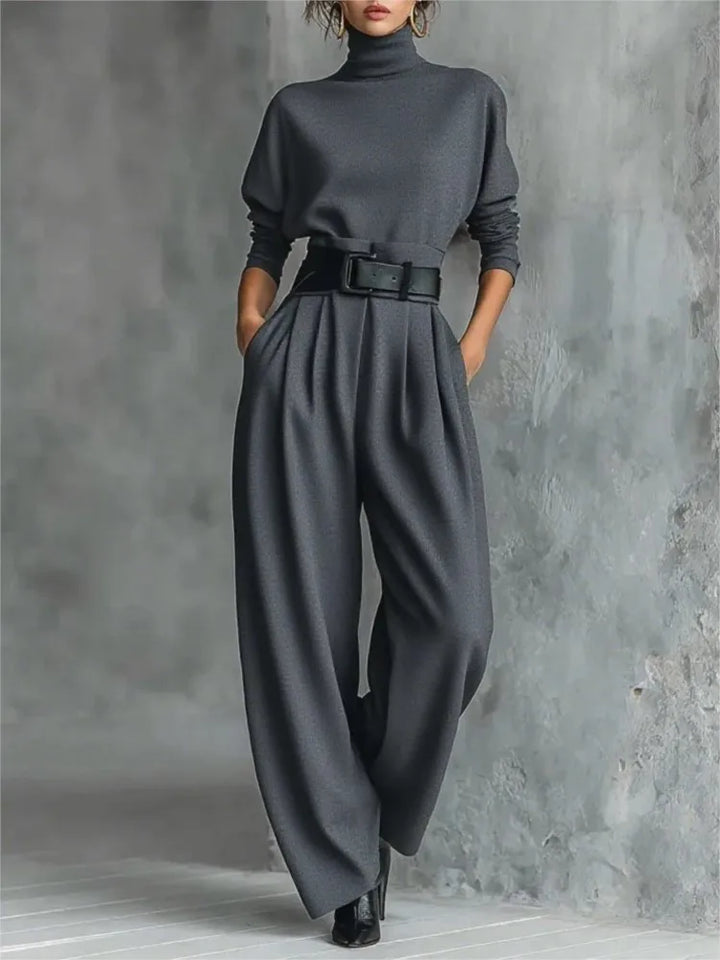 Women's Turtleneck Top and Belted Skirt Set
