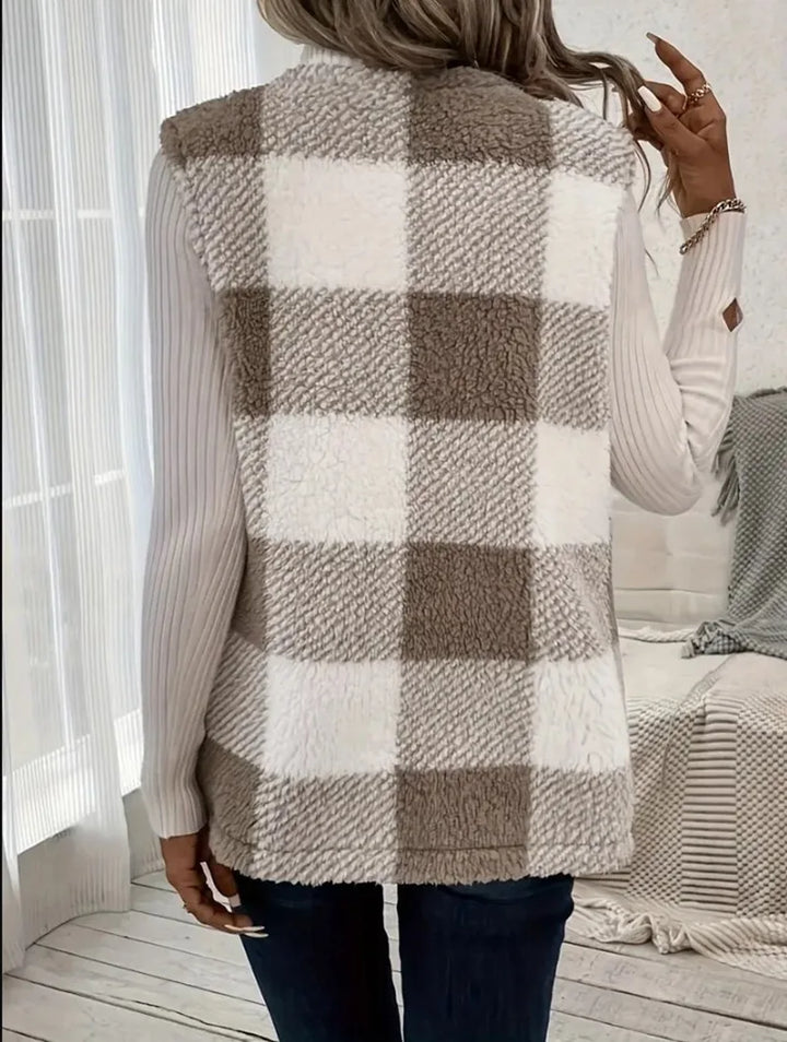 Women's Plush Checked Sleeveless Vest Cardigan