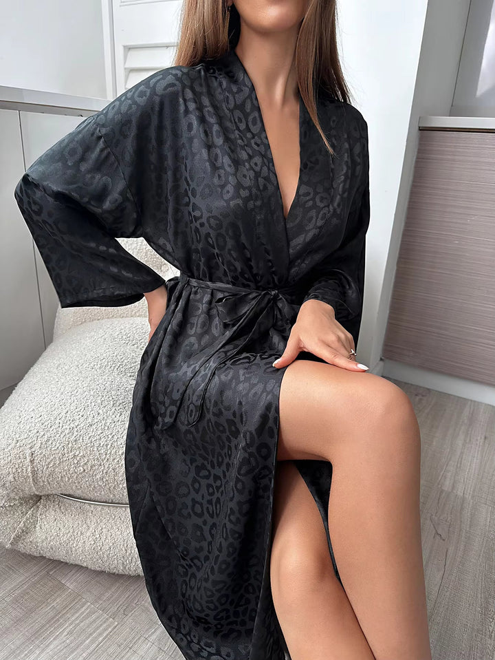 Women's Black Leopard Print Satin Bathrobe Belt