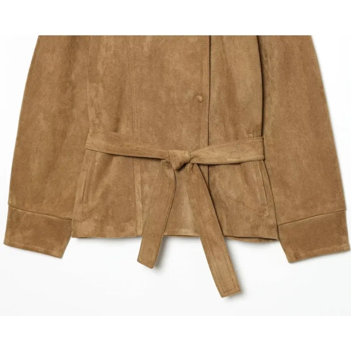 Women's Belted Faux Fur Jacket with High Neck