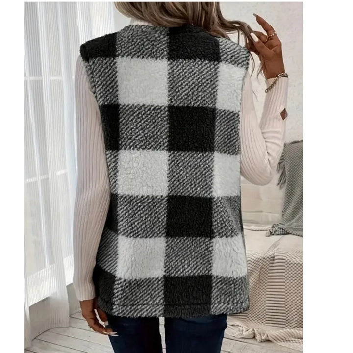 Women's Plush Checked Sleeveless Vest Cardigan