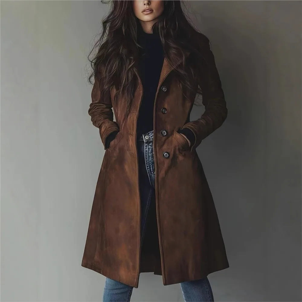 Women's Faux Suede Long Windbreaker Jacket