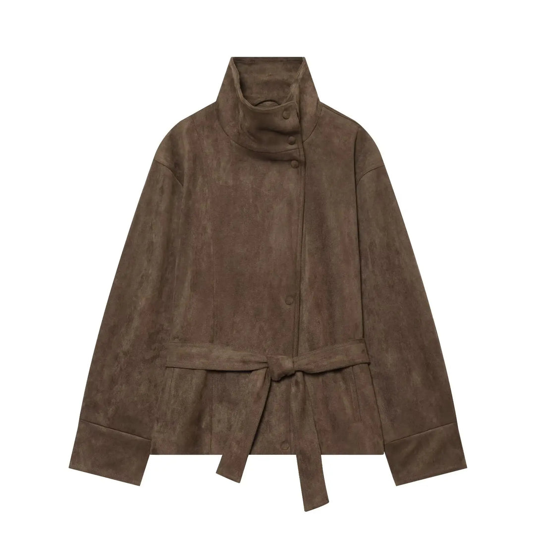 Women's Belted Faux Fur Jacket with High Neck