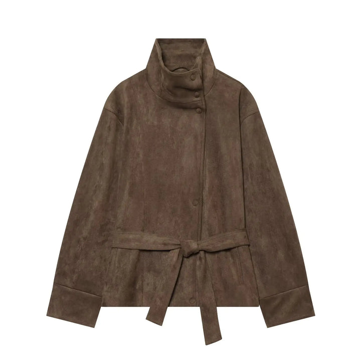 Women's Belted Faux Fur Jacket with High Neck