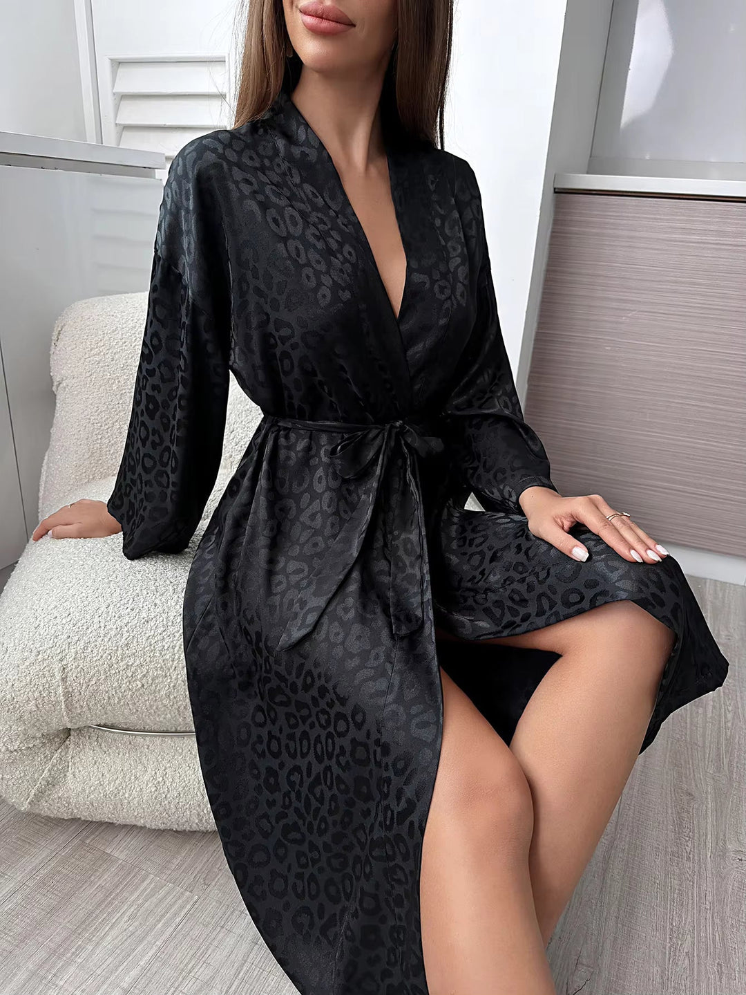 Women's Black Leopard Print Satin Bathrobe Belt