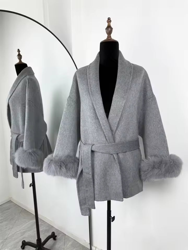 Women's Wool Blend Short Coat with Faux Fur Collar and Cuffs