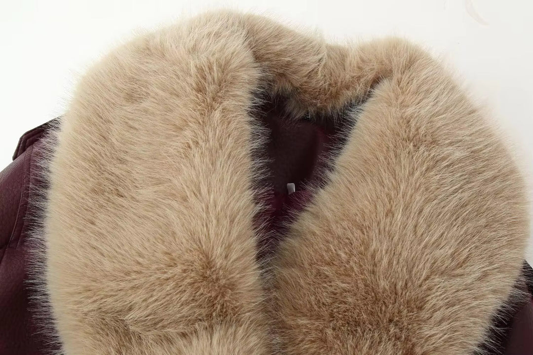 Women's Wine Red Faux Fur Collar Jacket