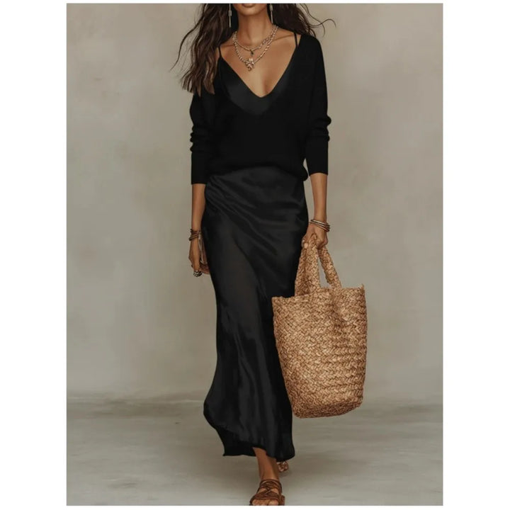 Women's Satin Slip Skirt and Knit Top Set