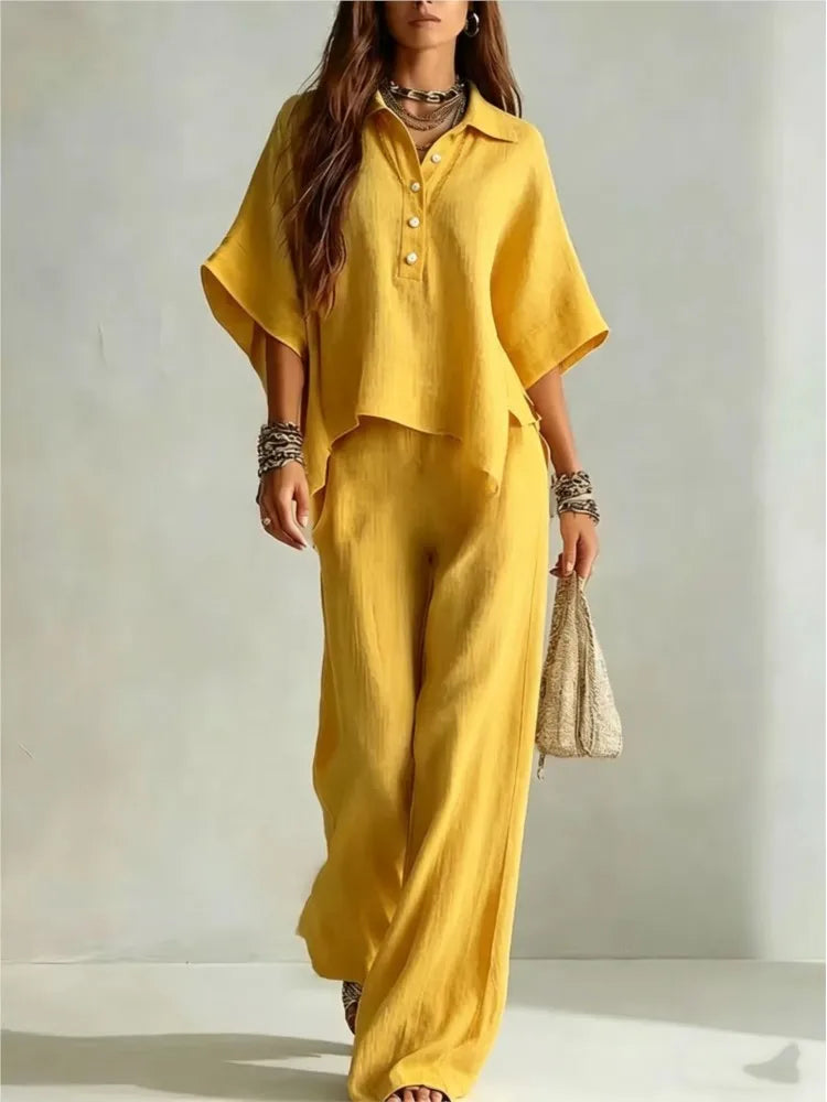 Women's Half Sleeve Shirt and Wide Leg Pants Set