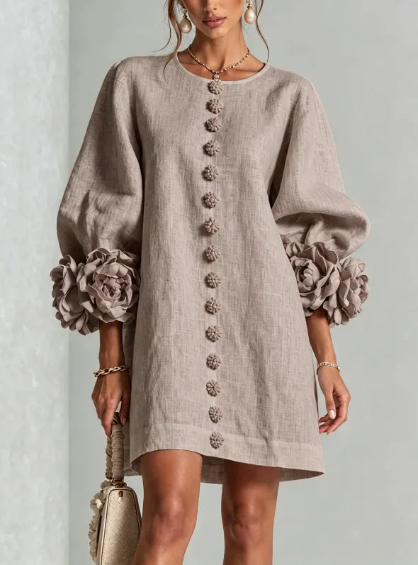 Women's Cotton Linen Mini Dress with Lantern Sleeves