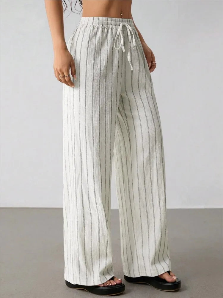 Women's Striped Wide Leg Pants with Belt