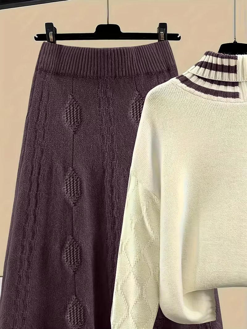 Women's Color Block Turtleneck Sweater & A Line Midi Skirt Set