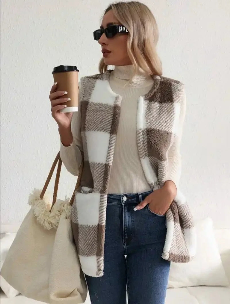 Women's Plush Checked Sleeveless Vest Cardigan
