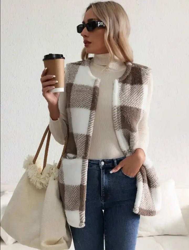 Women's Plush Checked Sleeveless Vest Cardigan