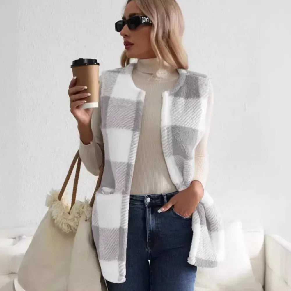 Women's Plush Checked Sleeveless Vest Cardigan