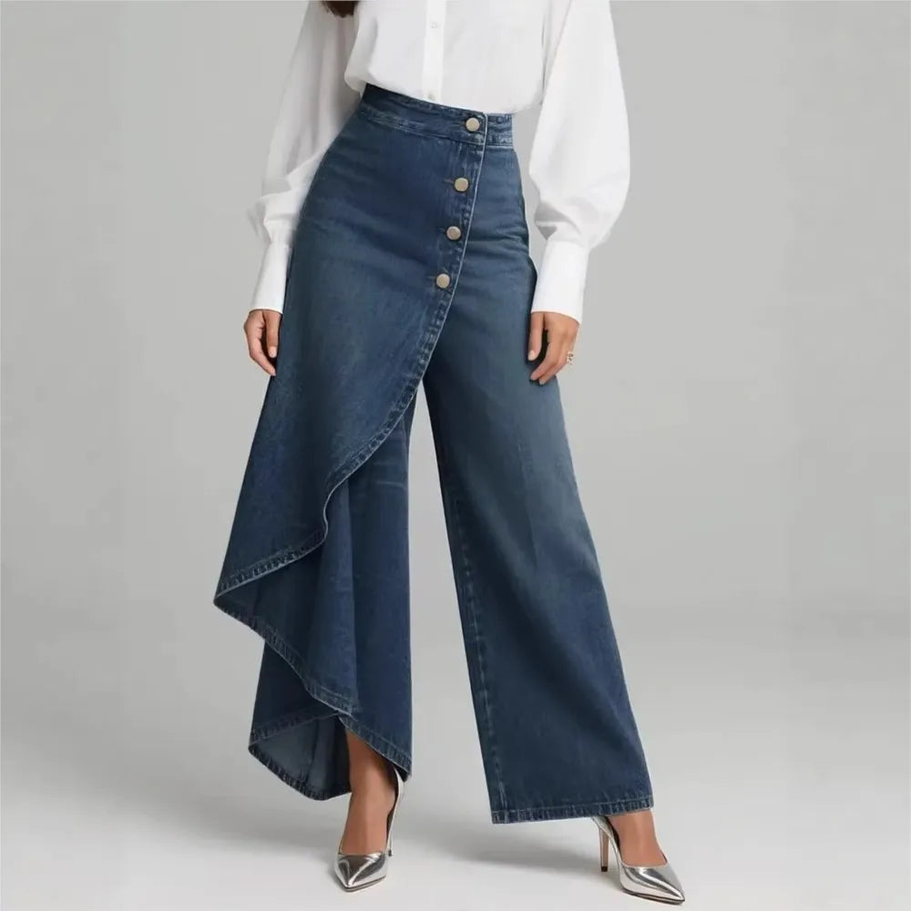 Women's Denim Trousers with Long Button Hem