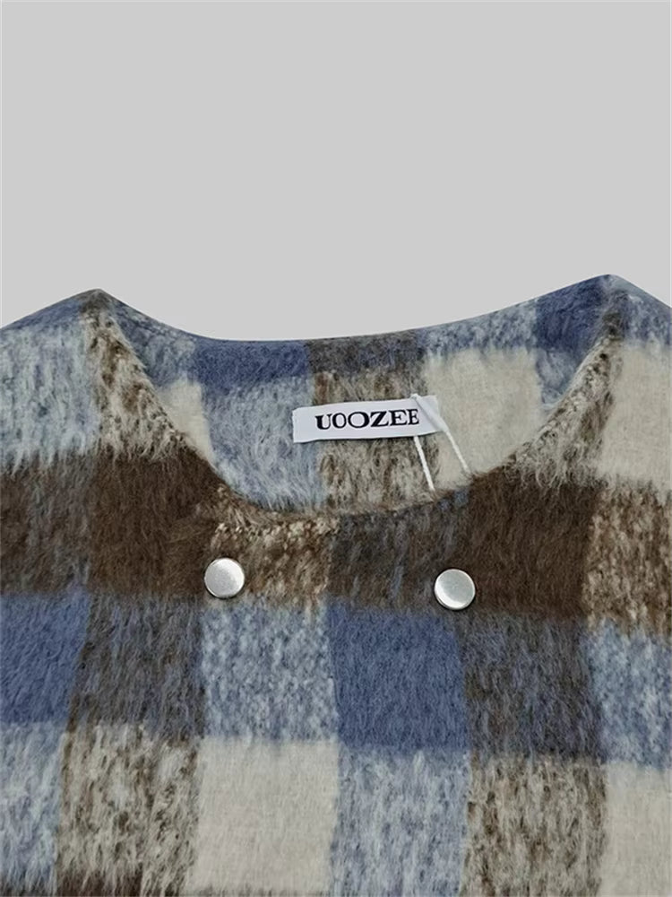 Women's Plaid Puff Sleeve Tweed Jacket