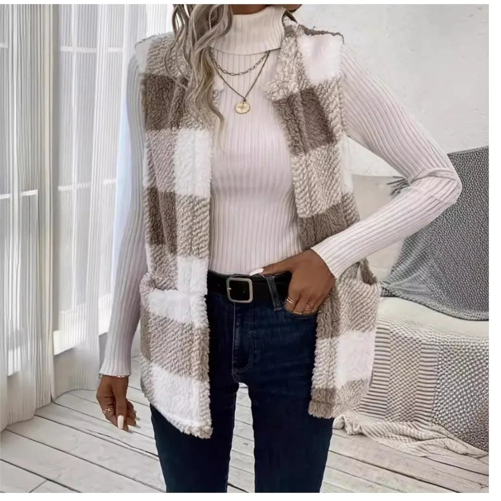Women's Plush Checked Sleeveless Vest Cardigan