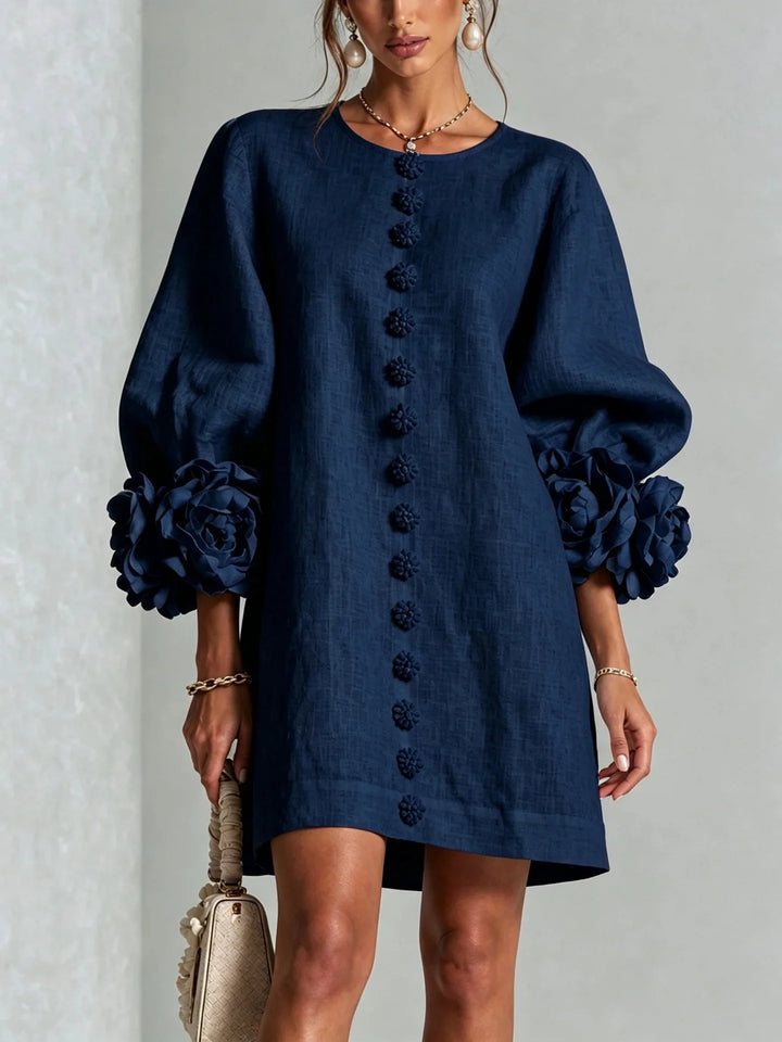 Women's Cotton Linen Mini Dress with Lantern Sleeves