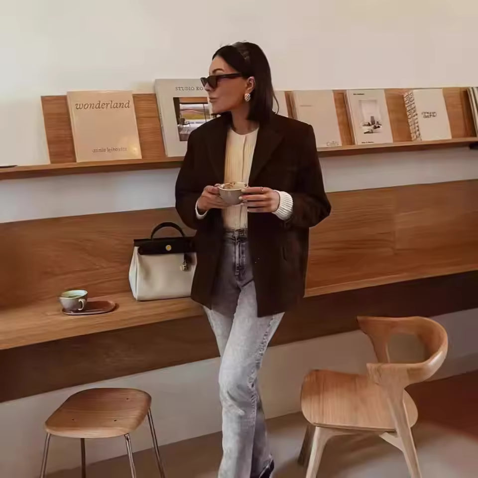 Women's Suede Longline Blazer Jacket with Notched Lapels
