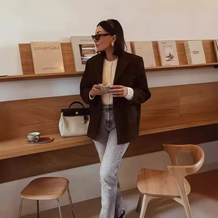 Women's Suede Longline Blazer Jacket with Notched Lapels