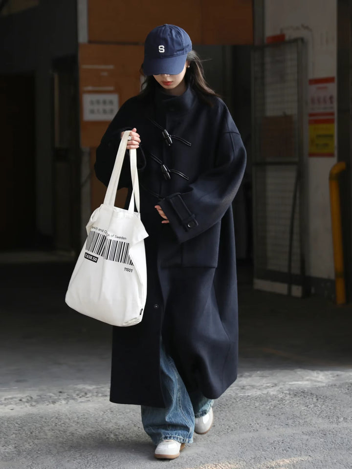 Women's Longline Wool Blend Coat with Toggle Button Front