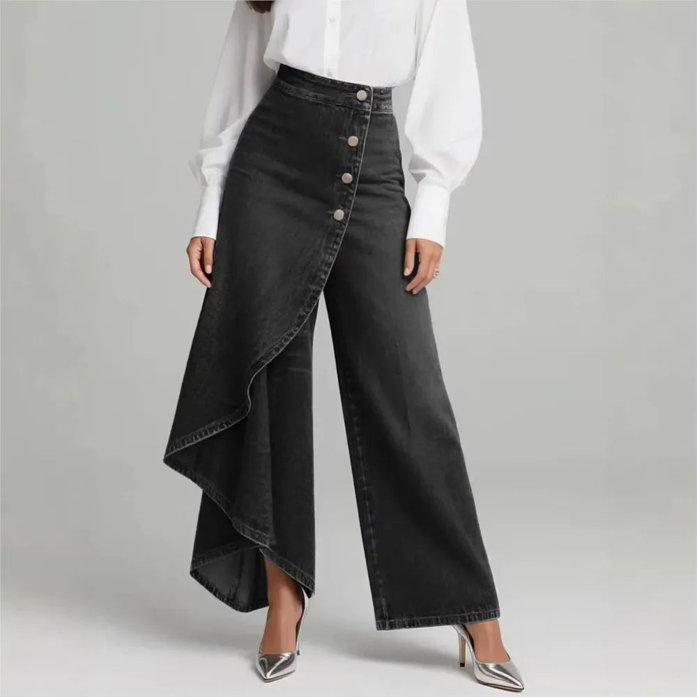 Women's Denim Trousers with Long Button Hem