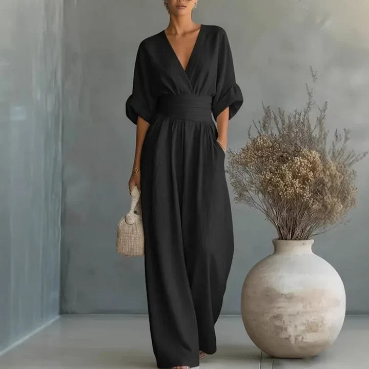 Elegant V Neck Wide Leg Jumpsuit