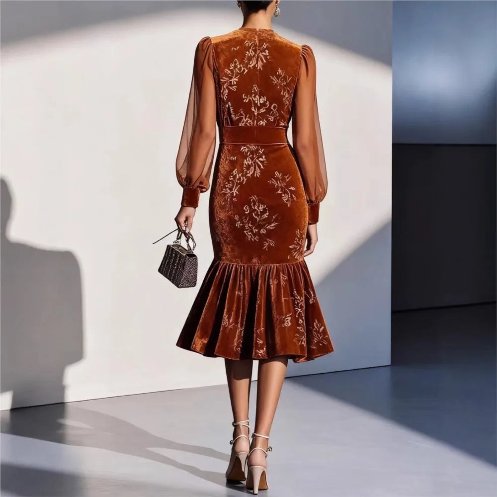 Women's Velvet Dress with Lantern Sleeves