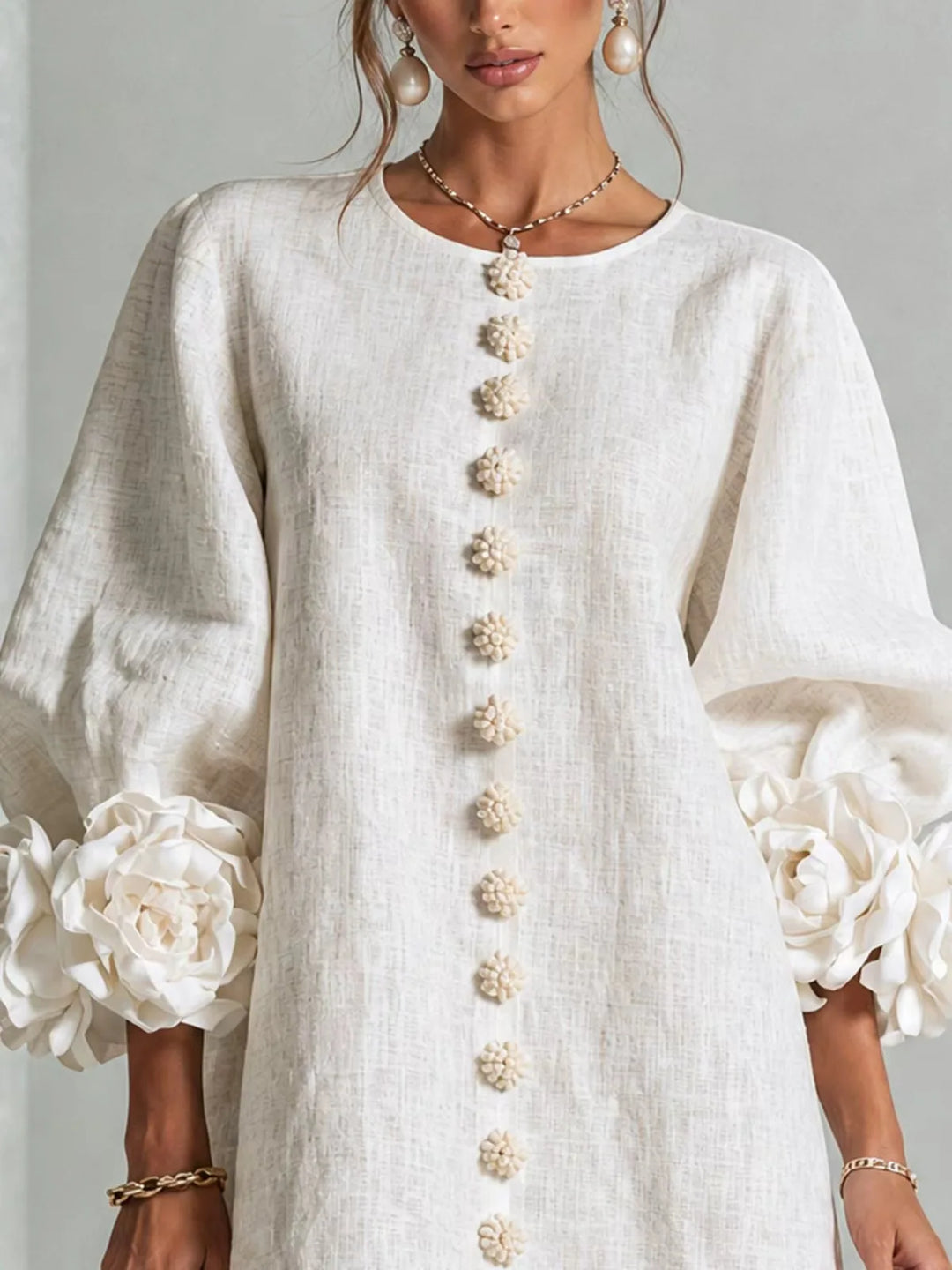 Women's Cotton Linen Mini Dress with Lantern Sleeves