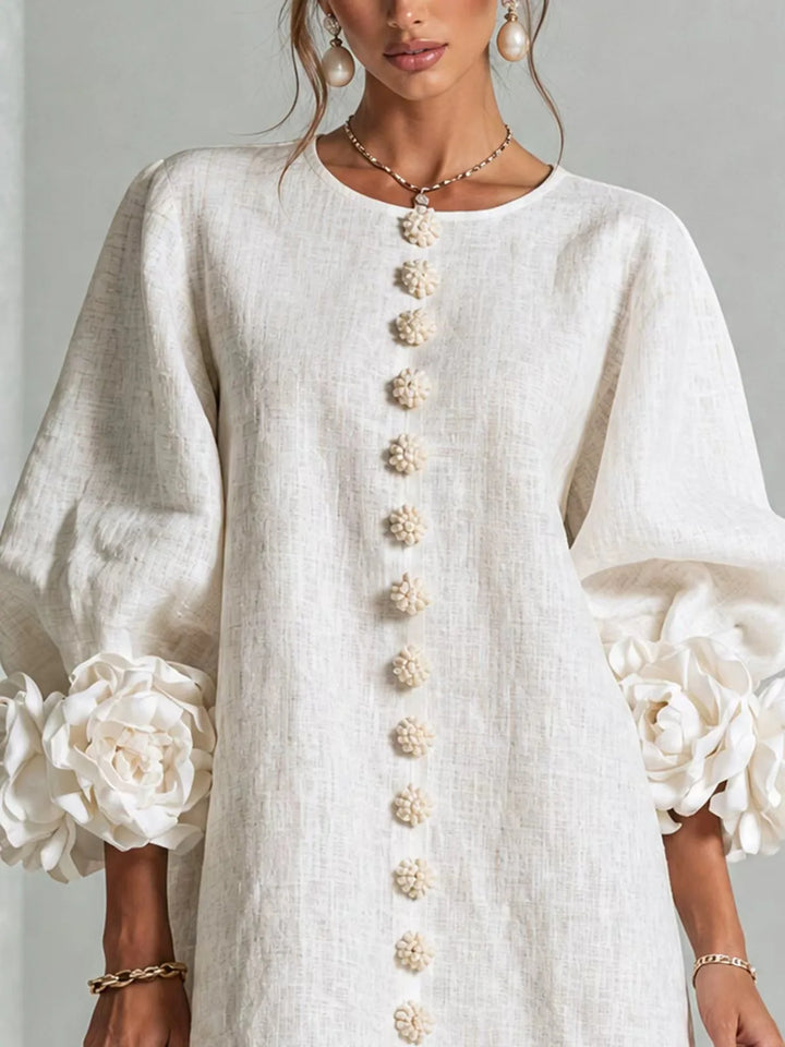 Women's Cotton Linen Mini Dress with Lantern Sleeves