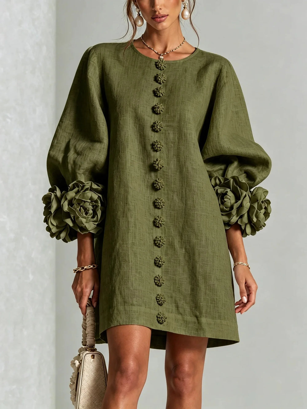 Women's Cotton Linen Mini Dress with Lantern Sleeves