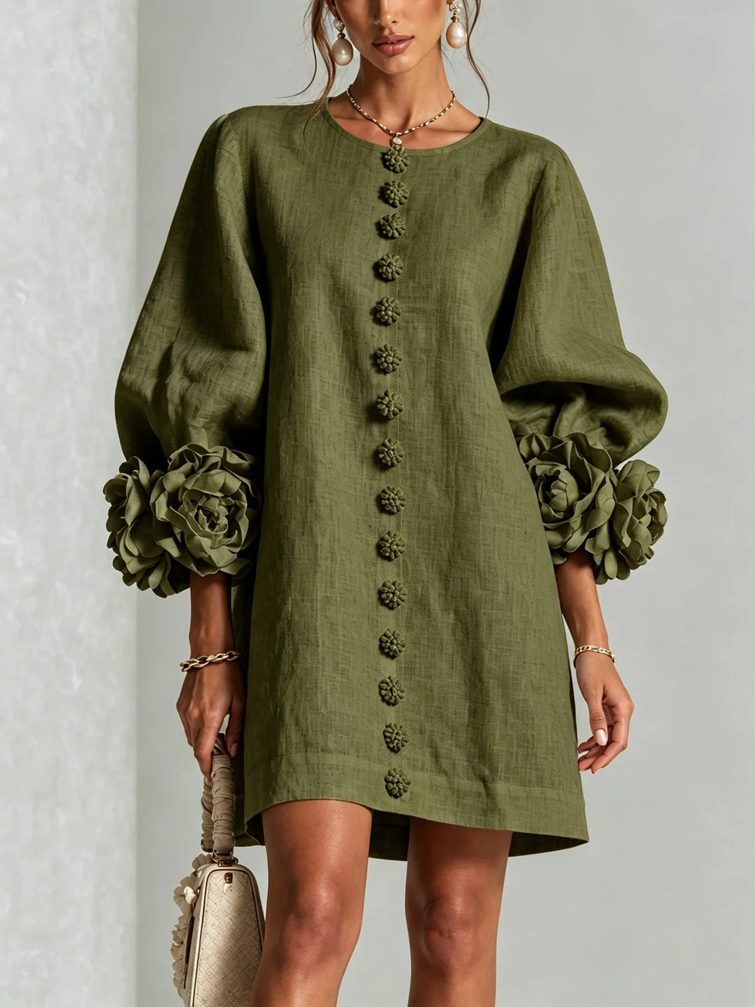 Women's Cotton Linen Mini Dress with Lantern Sleeves