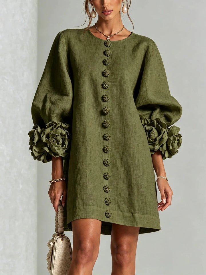 Women's Cotton Linen Mini Dress with Lantern Sleeves