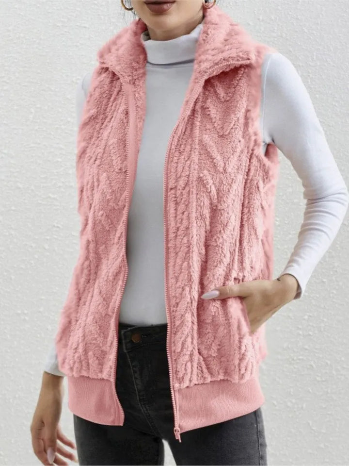 Women's Plush Zip Vest with Lapel Collar