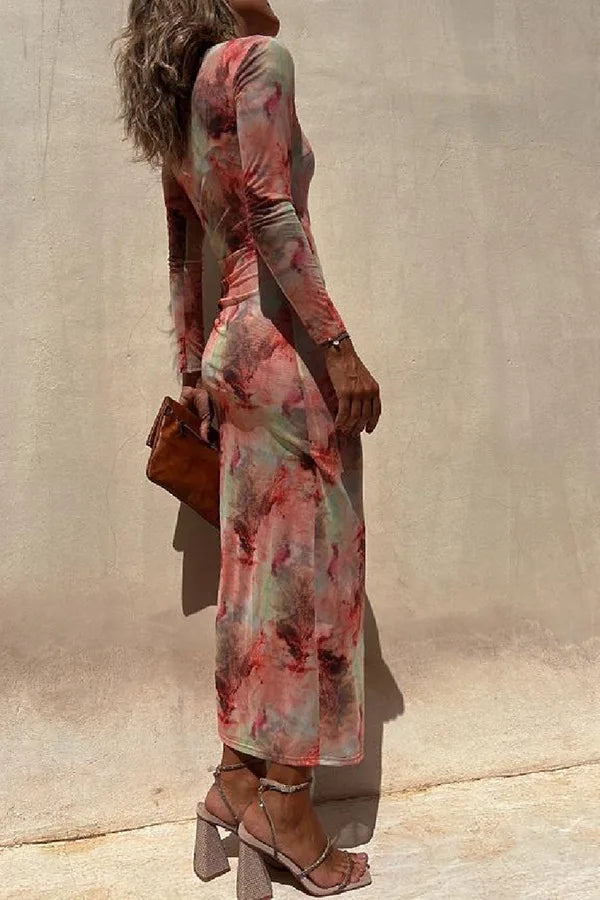 Women's Mesh Print Long Sleeve Midi Dress