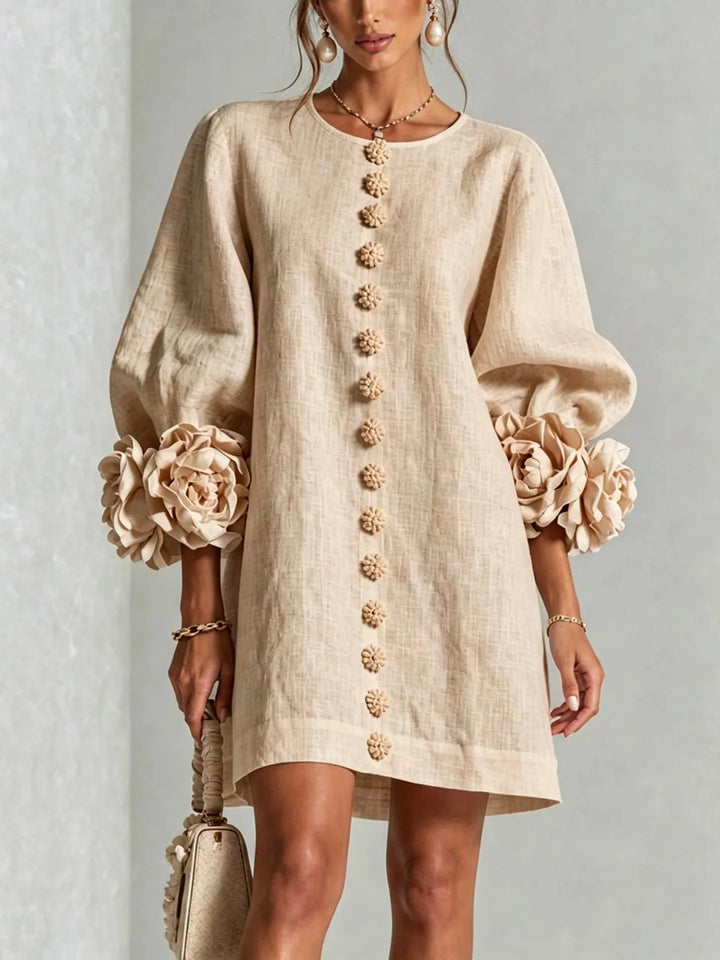 Women's Cotton Linen Mini Dress with Lantern Sleeves