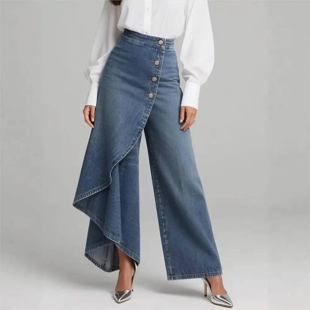 Women's Denim Trousers with Long Button Hem