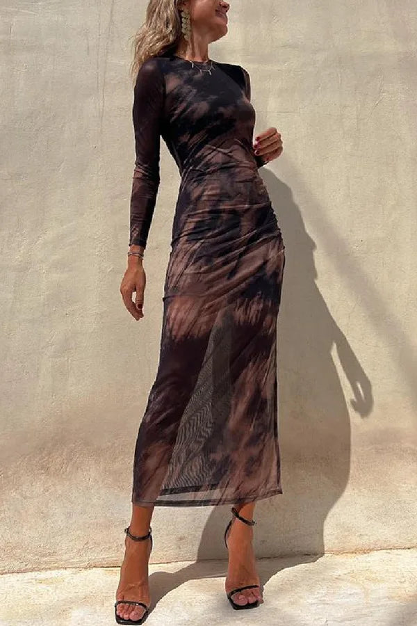 Women's Mesh Print Long Sleeve Midi Dress
