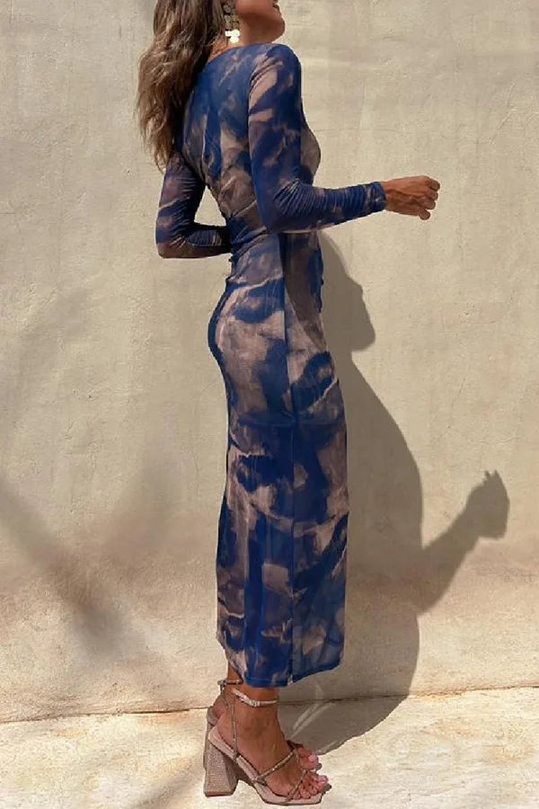 Women's Mesh Print Long Sleeve Midi Dress